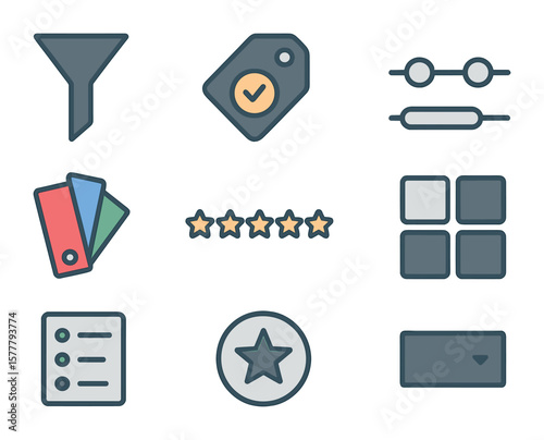 Shopping Filters Icons. Flat icon set of shopping filters and categories: filter funnel, brand selector, price