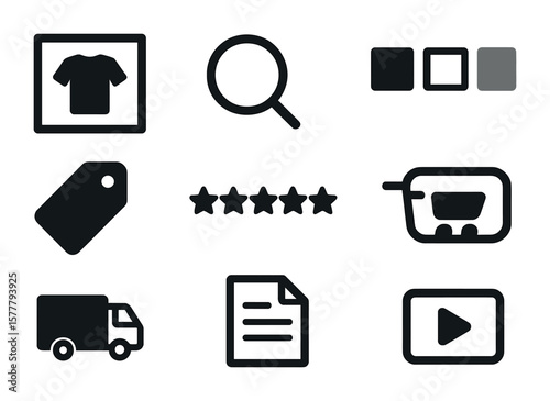 Product Page Icons. Flat icon set of product page features: product image, zoom icon, variant selector, price
