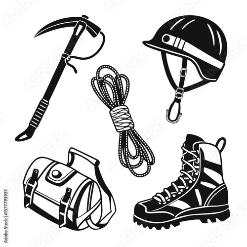 Mountaineering gear icons equipment ice axe