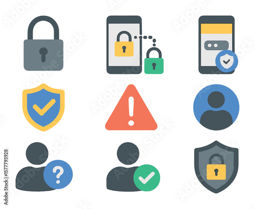 Mobile Security Icons. Flat icon set of mobile shopping security: padlock icon, encrypted connection, 2FA icon