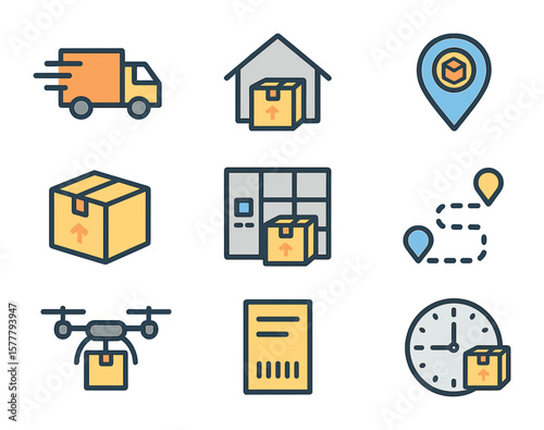 Shipping Icons Collection. Flat icon set of shipping and delivery options: express truck, home delivery,