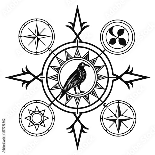 Mystical raven surrounded by celestial compass symbols