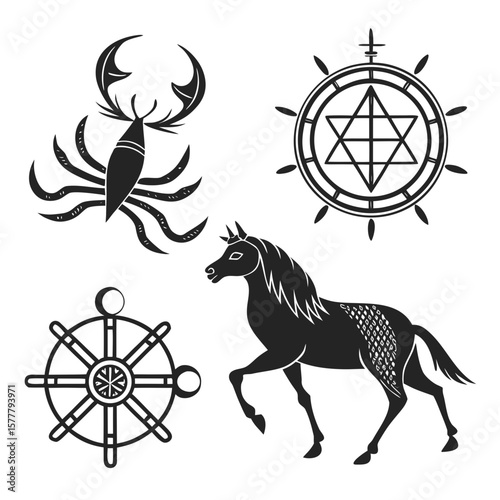 Mystical symbols and horse silhouette black white