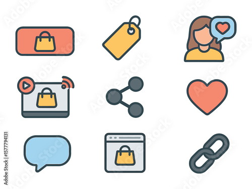 Social Media Shopping Icons. Flat icon set of shopping via social media: shop now button, product tag,