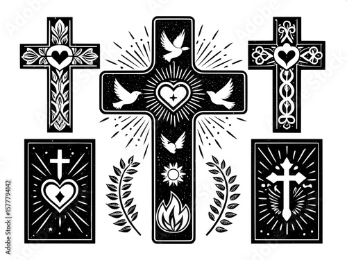 A set of stylized black Christian crosses with symbolic patterns. Some incorporate doves, hearts, flames, or rays within or around the cross design. The composition remains symmetrical and monochrome,