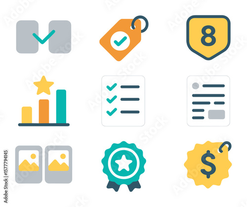 Shopping Comparison Icons. Flat icon set of shopping comparison features: compare icon, price match tag,