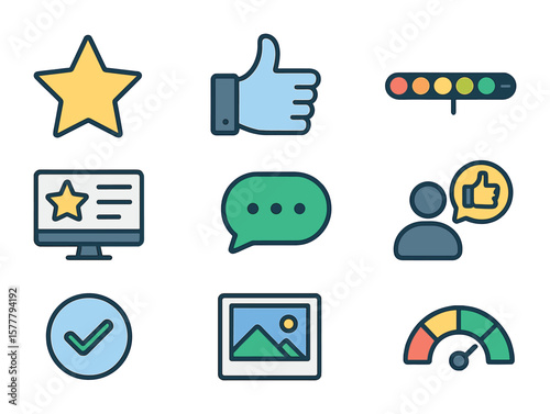 Customer Feedback Icons. Flat icon set of customer feedback visuals: review star, thumbs up, rating slider,