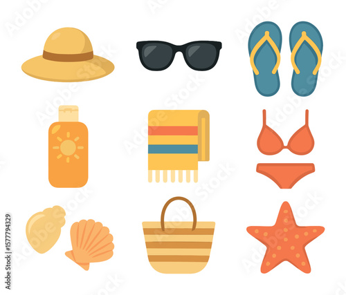Beach Essentials Grid. Flat icon set of beach holiday essentials: straw hat, sunglasses, flip-flops, sunscreen