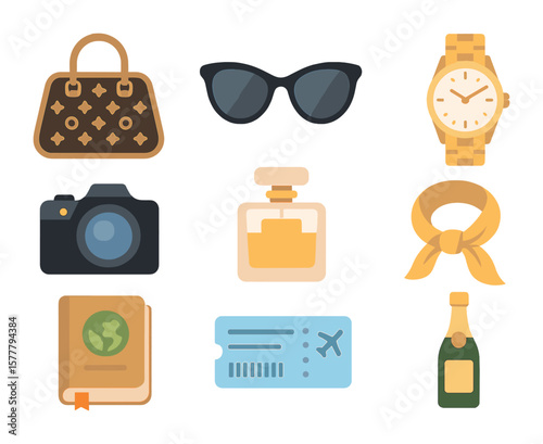 Luxury Travel Icons. Flat icon set of luxury vacation accessories: designer bag, sunglasses, luxury watch,