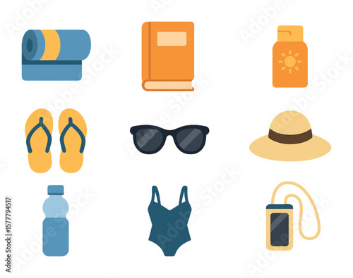 Beach Bag Essentials. Flat icon set of beach bag contents: towel, book, sunscreen, flip-flops, sunglasses, hat