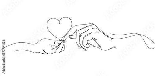 Hands exchanging a heart shape in a minimalist line drawing  