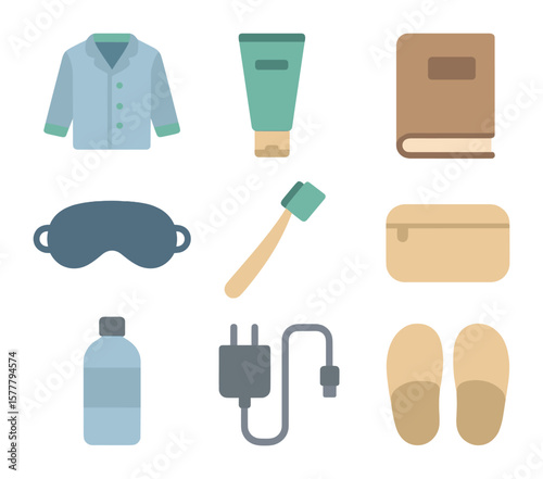 Overnight Essentials Icons. Flat icon set of overnight trip items: pajama set, face wash, book, eye mask,