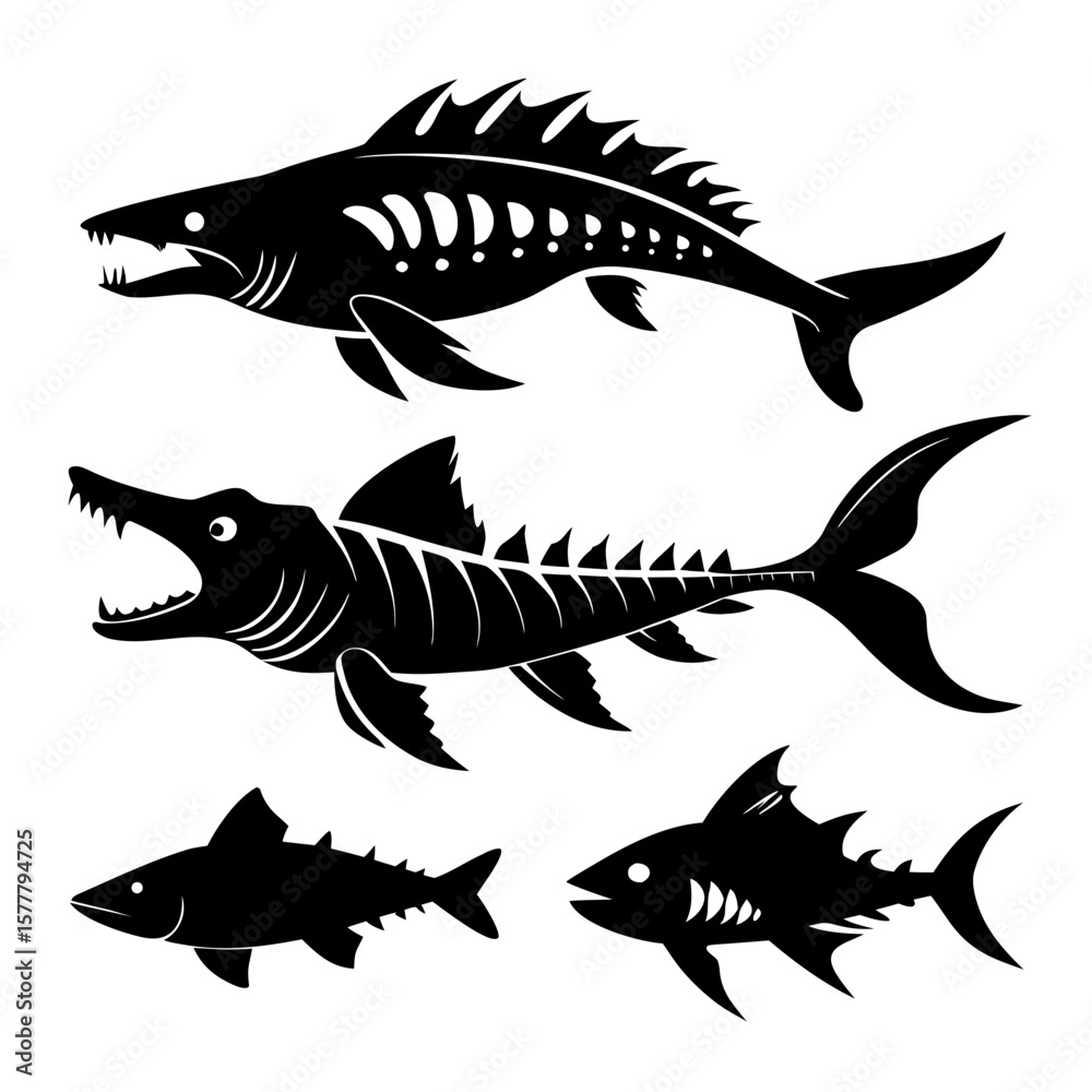 Fototapeta premium Prehistoric fish silhouettes ancient sea creatures
