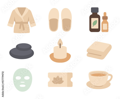 Spa Essentials Flat Icons. Flat icon set of spa holiday flat lay: robe, slippers, essential oils, massage