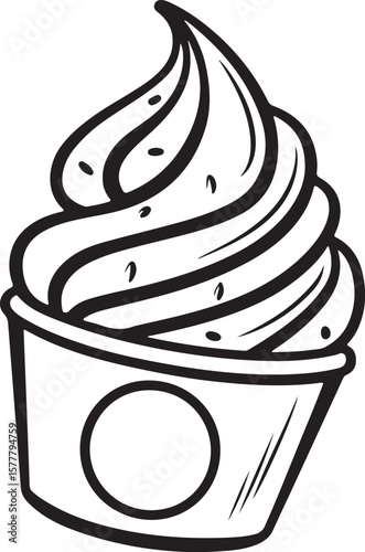 Ice Cream in a Cup Vector Illustration, Sketch Drawing Line Linear Symbol Icon Engraving Coloring Book, Hand-drawn Black and White Isolated