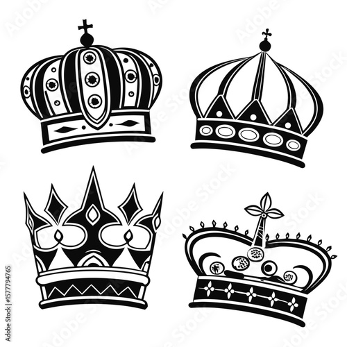 Royal crowns ornate black silhouettes monarchy regal