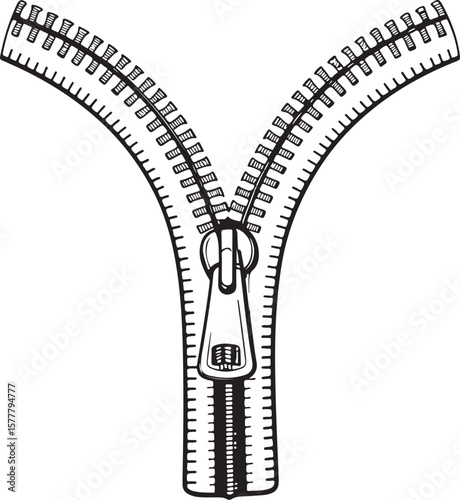 Zip Zipper Vector Illustration, Sketch Drawing Line Linear Symbol Icon Engraving Coloring Book, Hand-drawn Black and White Isolated