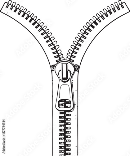 Zip Zipper Vector Illustration, Sketch Drawing Line Linear Symbol Icon Engraving Coloring Book, Hand-drawn Black and White Isolated