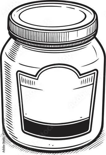 Jar of Mayonnaise or Sauce Vector Illustration, Sketch Drawing Line Linear Symbol Icon Engraving Coloring Book, Hand-drawn Black and White Isolated