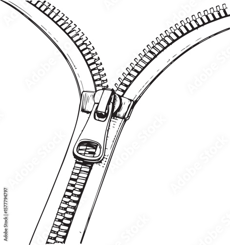 Zip Zipper Vector Illustration, Sketch Drawing Line Linear Symbol Icon Engraving Coloring Book, Hand-drawn Black and White Isolated