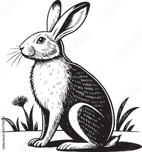 Hare or Rabbit Bunny Sitting Vector Illustration, Sketch Drawing Line Linear Symbol Icon Engraving Coloring Book, Hand-drawn Black and White Isolated