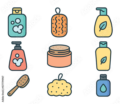 Bath Care Icons. Flat icon set of bath and body care: bubble bath bottle, loofah, bath bomb, body wash, scrub