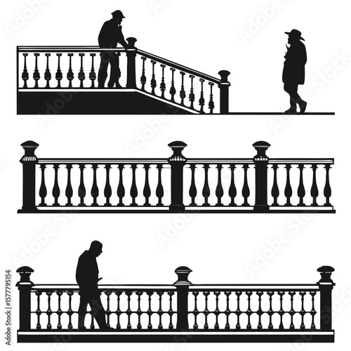 Silhouettes of people and ornate railings balustrade