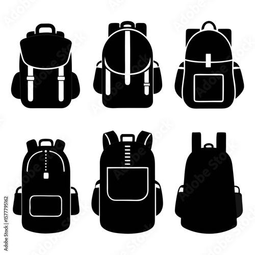 Six black backpack silhouettes different styles rucksack
