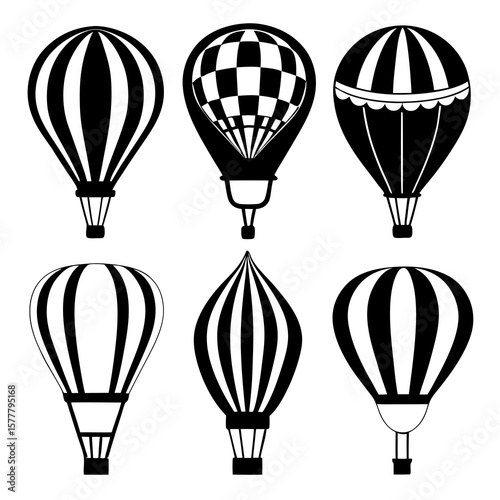 Six black and white hot air balloon silhouettes travel