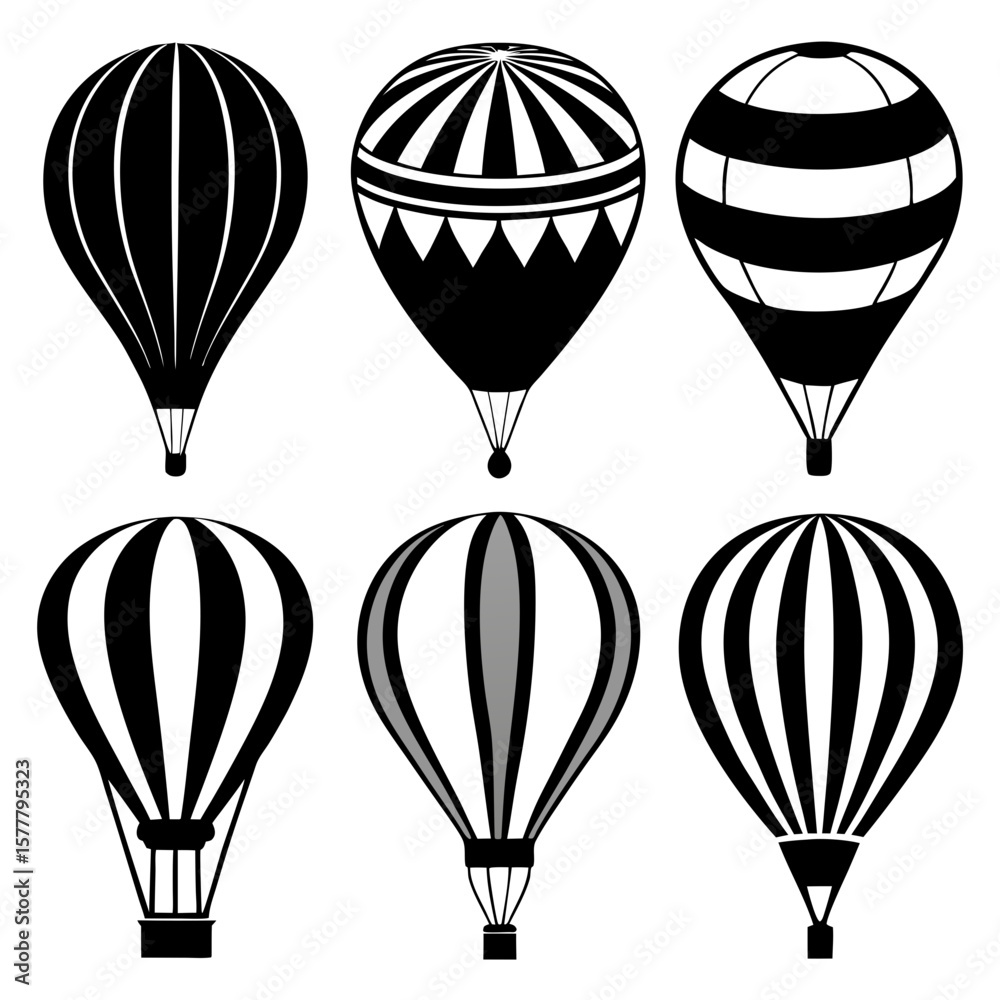 Obraz premium Six hot air balloons black and white graphic aviation