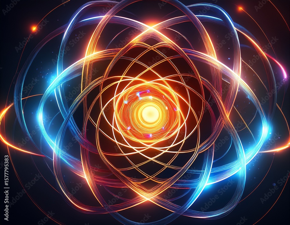 Obraz premium atomic nucleus with spinning rings and an illuminated core