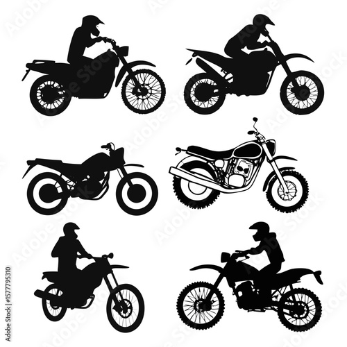 Six motorcycle silhouettes rider helmets motorbike