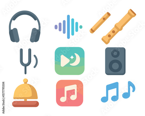 Relaxation Music Icons. Flat icon set of relaxation music items: headphones, sound wave, bamboo flute, tuning