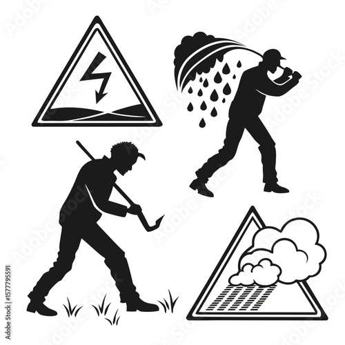 Storm warning hazard symbols lightning rain