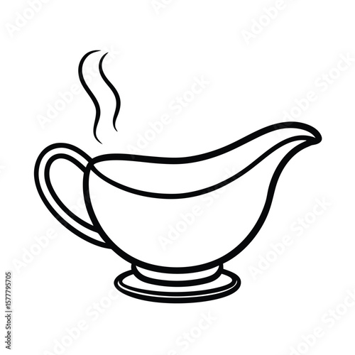Handdrawn gravy boat with steam rising from the spout on sauce serving