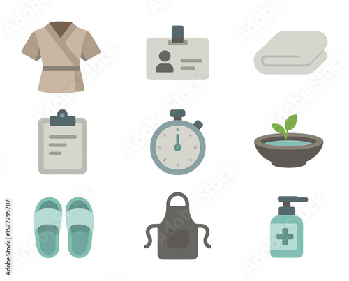Spa Essentials Icons. Flat icon set of spa uniform and tools: spa tunic, name badge, clean towel, clipboard,