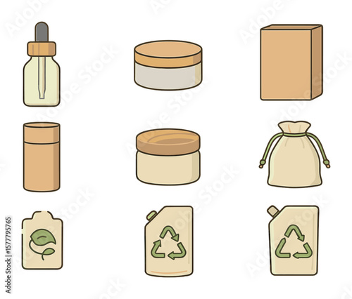 Eco-Friendly Beauty Icons. Flat icon set of eco-friendly beauty packaging: glass dropper bottle, tin container