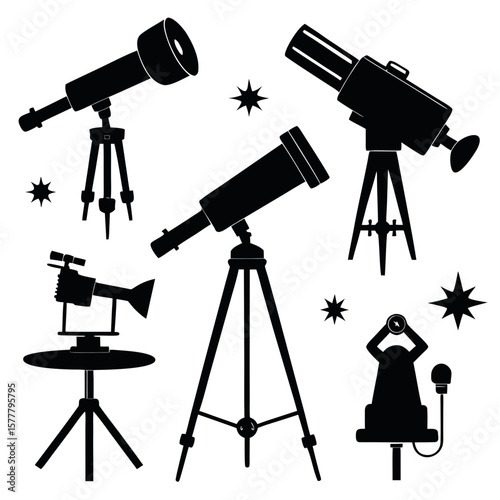 Telescopes and observatory equipment silhouettes astronomy
