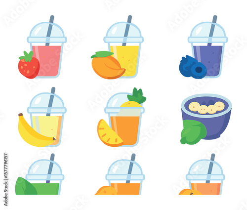 Fruit Smoothie Icons. Flat icon set of fruit smoothie types: strawberry smoothie, mango smoothie, blueberry