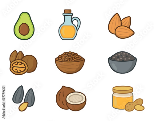 Healthy Fats Icons. Flat icon set of healthy fats: avocado, olive oil, almonds, walnuts, flaxseed, chia seeds,