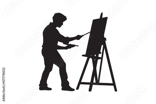 Silhouette of a male artist painting on a canvas with an easel holding a brush and palette isolated on a white background creative expression