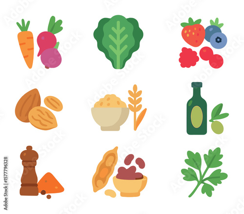 Healthy Grocery Icons. Flat icon set of healthy grocery staples: fresh vegetables, leafy greens, berries, nuts