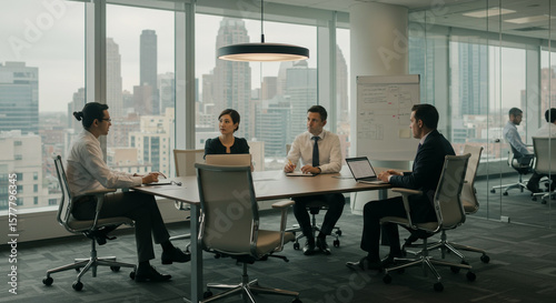 Diverse Business Team Collaborating in Modern Office Meeting Room with City View