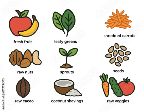 Raw Food Icon Set. Flat icon set of raw food ingredients: fresh fruit, leafy greens, shredded carrots, raw