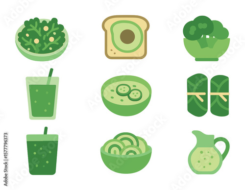 Green Detox Meal Icons. Flat icon set of green detox meals: kale salad, avocado toast, broccoli bowl, green