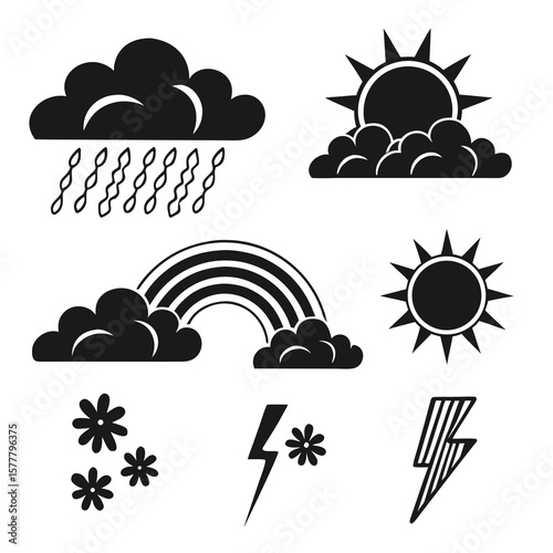 Weather icons sun rain rainbow lightning clouds flowers