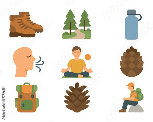 Mindful Hiking Icons. Flat icon set of mindful hiking: hiking boots, forest path, water bottle, trail sign,