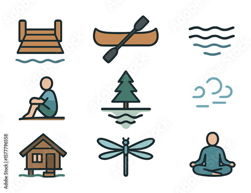 Lakeside Icon Grid. Flat icon set of lakeside relaxation: dock, canoe, still water, sitting figure, pine