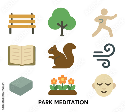 Park Meditation Icons. Flat icon set of park meditation: park bench, tree canopy, tai chi pose, open journal,