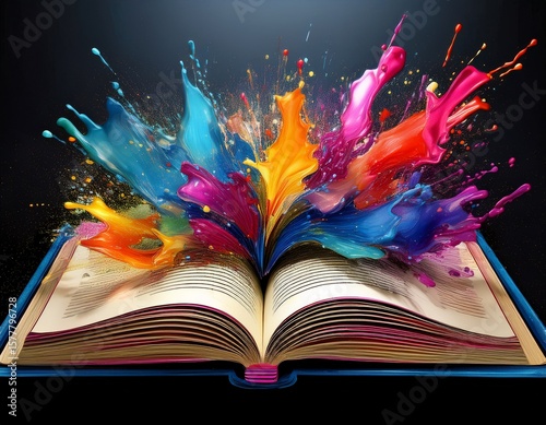 open book exploding with colorful paint splashes unleashing creativity and imagination